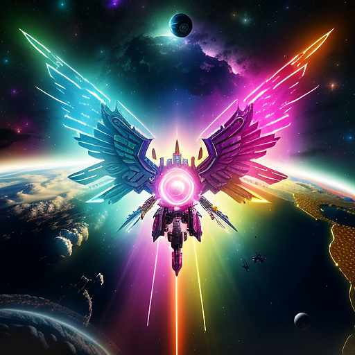 A cheerful transformer flies through space against the backdrop of planets. in angelcore style