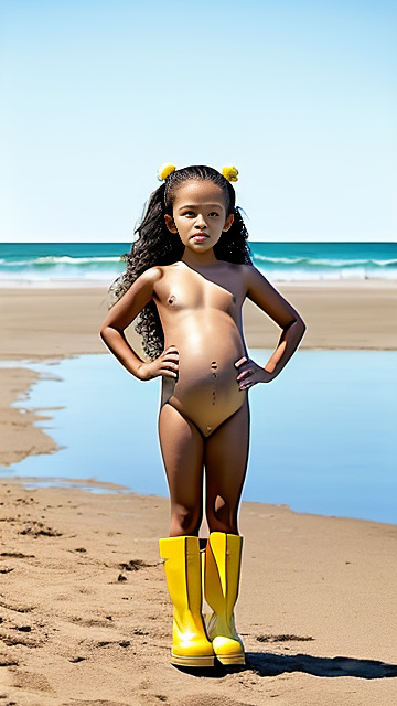 7 years old, pregnant, jenna ortega, yellow boots, beach, nude, full body  in custom style