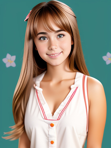 Cute american girl, front facing, large chest, in anime style