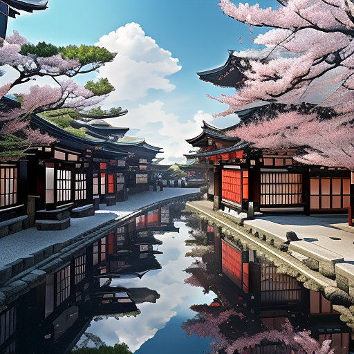 Anime, 2305, hyper futuristic, hi tech, modern, golden lotus printed, summer, noon, outside of a way too oversized, modern and luxurious park, new red cherry blossom village, light gold and onyx black, rich and edgy dressed people walking by in anime style