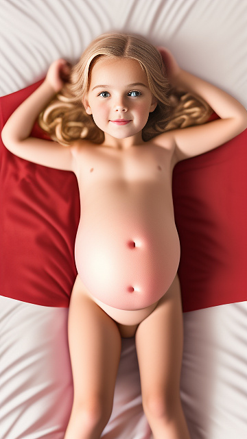 Realistic, detailed, 7-year-old blonde girl, in red peach dress, pregnant, laying in bed, top down full body view, red blush, right hand on belly   in custom style