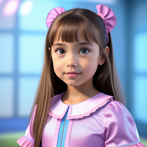 A seven year old girl, with very light brown straight medium length hair, dark brown eyes, and is wearing a cute light blue, pink and purple dance outfit in disney 3d style