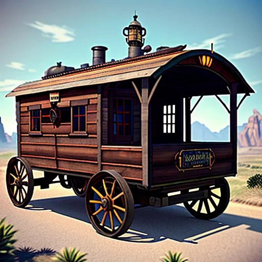 A traveling mercant wagon. it has a roof like a wood cabin, with a small chimney and a small wooden balcony. it is pulled by a giant mantis shrimp. in steampunk style