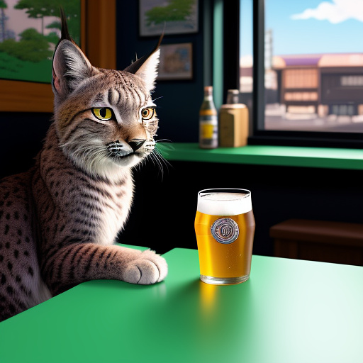 A hightland lynx grey cat drinking a beer in a pub, close up of the cat,comic strip styled, light pastel colours,humorously scenic  in anime style