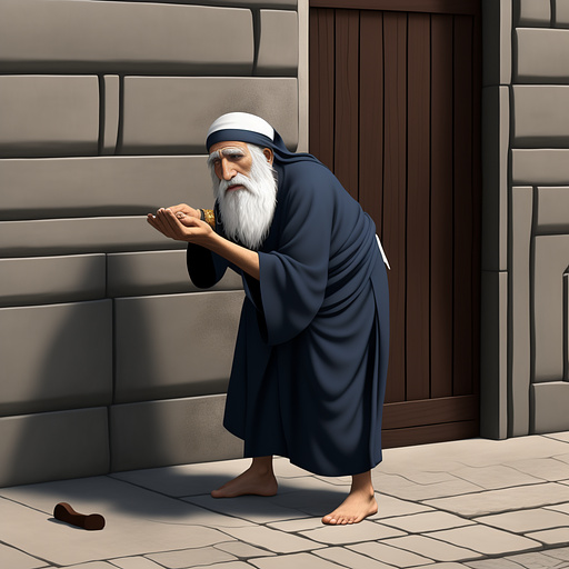 I'd like a very cartoon-like drawing of a blind, ancient jewish man begging on the streets with no clothing but covering up his private parts for modesty in anime style