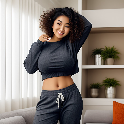 Sexy asian college student with large boobs and short curly hair and her arms up and in a long sleeve loose sweater and sweatpants pants and showing her belly and standing in the living room and full body picture in custom style