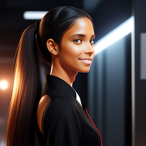 A black  female spy. long straight dark hair in a ponytail, sharp face, straight nose, thin lips, confident smile. tight white low-cut blouse emphasizing a fuller bust, red accents on shoulders and hips, belt with buckle, black fingerless gloves, communication earpiece in right ear. athletic yet feminine build, james bond–inspired atmosphere, dramatic lighting, high detail. in anime style