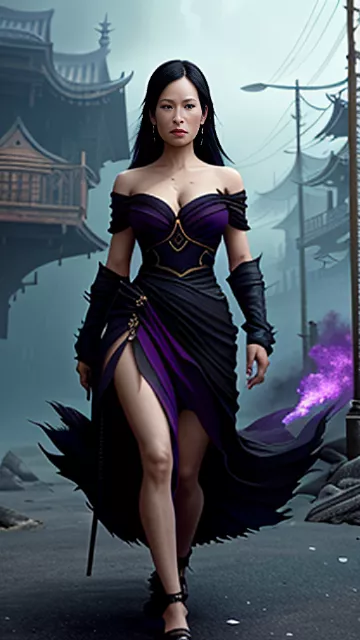 A woman greatly resembling lucy liu is in a very revealing and battle damaged black and purple asian dress. she has a very hateful look. she is floating on dark magic and it also swirls around her, blowing her hair and dress. she has on open sandals with calf high lace. zombies are in the background. show all of her in darkfantasy style