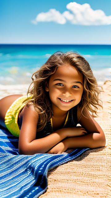 11-year-old tween girl laying on a beach towel, casual shorts, sun-kissed skin, ocean breeze, golden hour lighting, relaxed summer mood. in custom style
