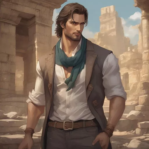 "draw a scene set in the heart of ancient ruins. in the center stands ryx, a muscular man with broad shoulders draped in a finely tailored waistcoat. a scarf is casually tossed around his neck, fluttering in the gentle breeze. his sharp, focused eyes are scanning the weathered stones and timeworn artifacts around him. his strong hands are gently brushing away the dust from an intriguing relic.

beside him, springs to life icigool, a mythical creature resembling a whimsical jack-in-the-box. its body, shaped like a present, is split into two portions, each acting as the upper and lower jaw. extending from its body are two spindly black arms that end in oversized white gloves. perched on top of its body is a jack-in-the-box head, complete with the present’s lid. in anime style