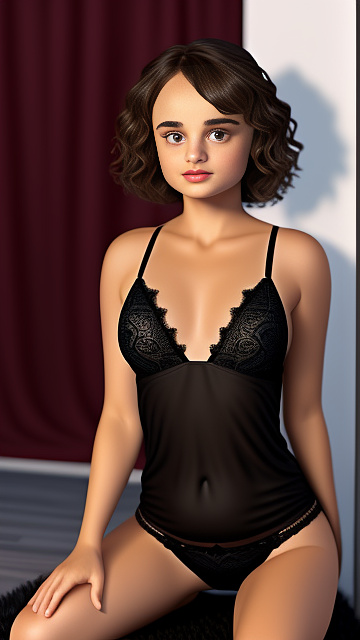 Joey king, wearing short tight black sheer nightgown with plunging neckline, very realistic, highly detailed, simple background, front view sitting on sybian in disney painted style