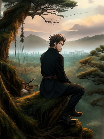 Create a fantasy image set in a dark forest with dead and broken trees. have a sunrise start to break the skyline. there are three sorcerers, the first is a handsome well dressed, caucasian man, the second is a warrior looking, caucasian man in furs and the last is a well dressed woman with almond skin. they are looking exhausted and haggard, sitting back to back appearing to look out for danger. in anime style