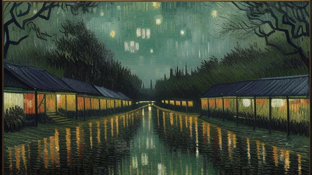 Dirty toxic swamp at night in neo impressionism style