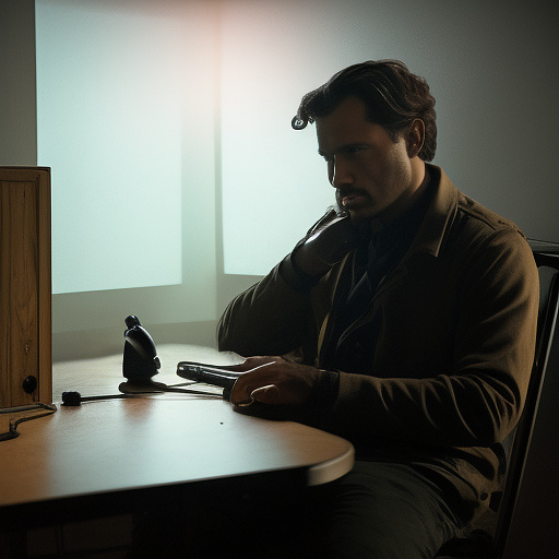 In a dark room, there is a telephone and a gun on the table. a man is sitting on a chair, and he is dead. in custom style