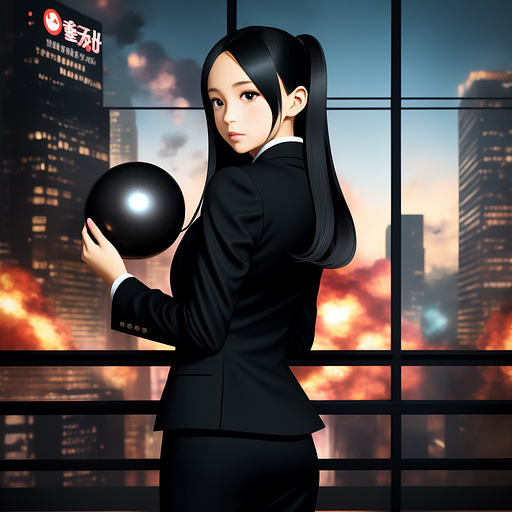 Anime girl in black suit holding a nuke in anime style