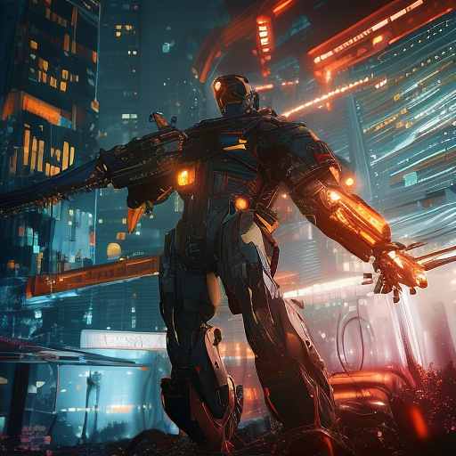 A cheerful transformer flies through space against the backdrop of planets. in cyberpunk style