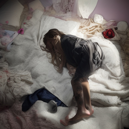 A 13-year-old girl is lying on a bed and crying. the room is dark and messy, the bed is broken. in custom style