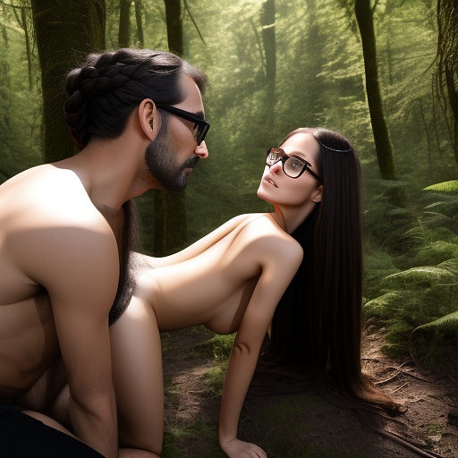 Ultra realistically a 40 year old man forces a 22 year old german girl with a black braid with glasses and brown eyes 1.70 tall thin sex in the forest and penetrates his penis into her vagina with his penis in custom style