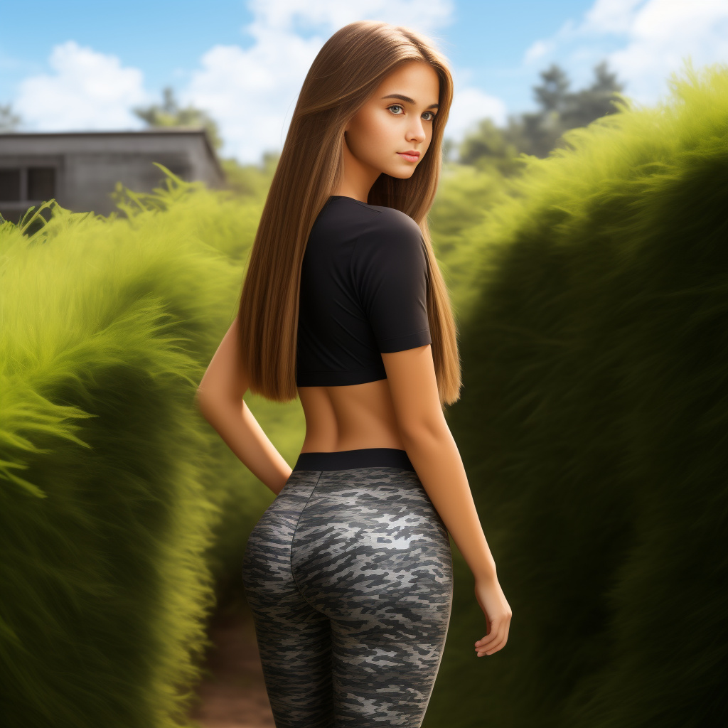 Create a hyper realistic picture that is the backside of a brunette with straight hair just past the shoulder with blonde highlights so it’s brownish blonde. have her wearing black camo lulu leggings and an open back white shirt so the picture is of her back and the shirt doesn’t cover her butt. 15 yr old petite girl big butt  in realistic style