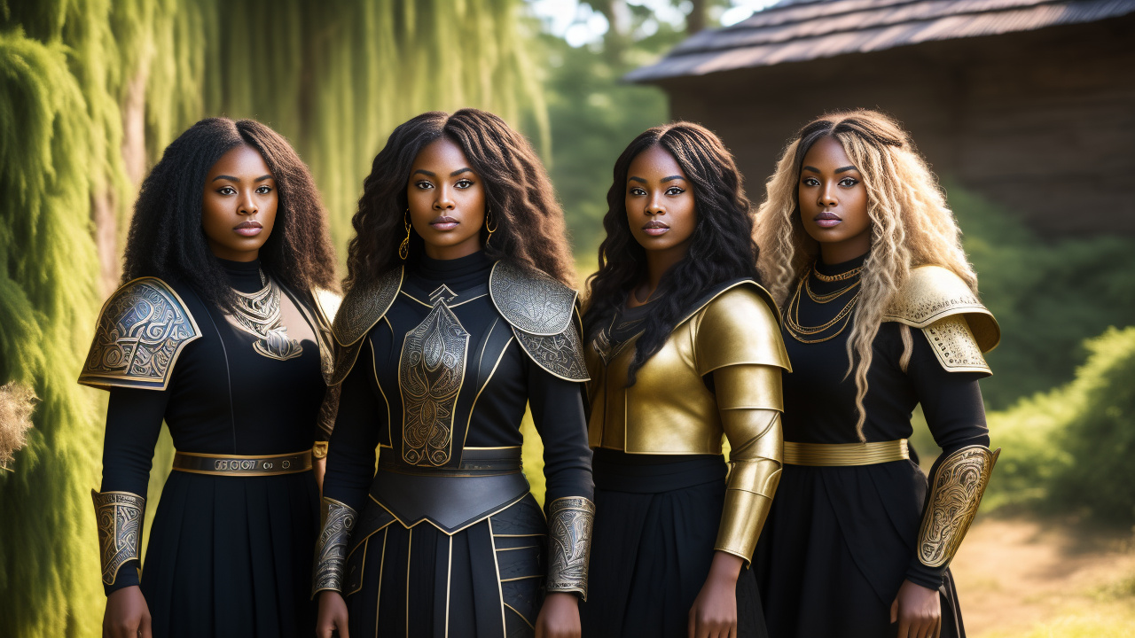 Group portrait of four black women. they are dressed in the long drives and armour of vikings. each woman has a different hair style that glows with gold highlights.  in realistic style
