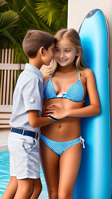 A romantic moment between a childhood couple. the  grade-6 boy is groping grade-6 extremely sexy hot girl, wearing her bikini and shorts in custom style