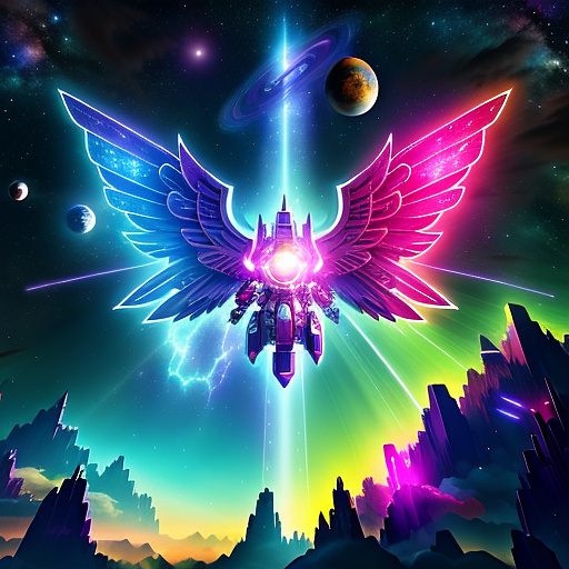 A cheerful transformer flies through space against the backdrop of planets. in angelcore style