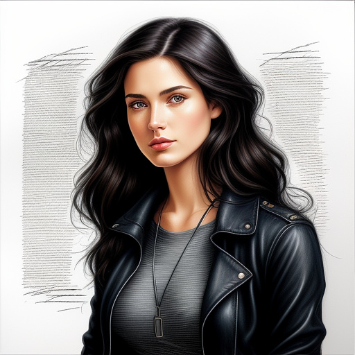A brunette woman in her 20s in the style of the supernatural tv series. her signature looks are black boots, dark leather jacket, dark flannel shirts and dark blue jeans. in pancil style
