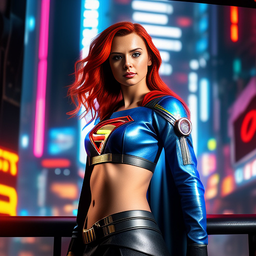 Supergirl, redhead, blue eyes, elf,  in cyberpunk style