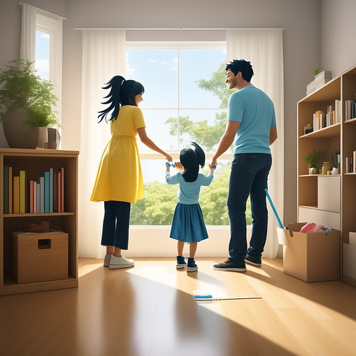 A family of four members are doing household chore. with a grin on his face, the father is happily cleaning the curtain. the mother is vacuuming the floor, her face lit up with a broad smile. their son is carefully dusting the desk. his cheerful face indicates he is enjoying this family moment. the daughter is dutifully carrying a box filled with items, maybe to move them to a new location. in anime style