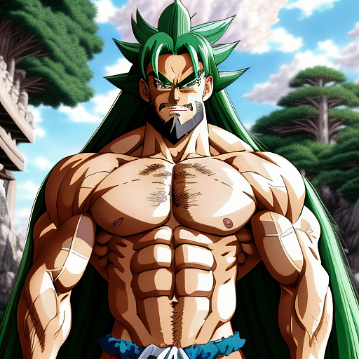 Muscle bara stud
long green hair
beard 
huge pecs
huge chest
broad shoulders
dragon ball z art style in anime style