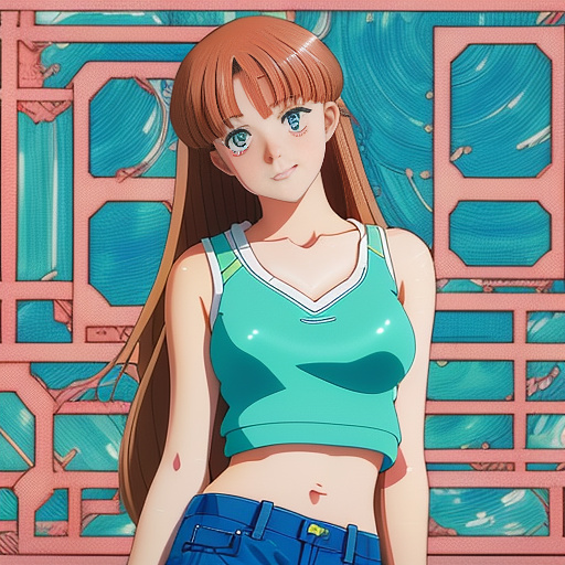 Teenage girl in crop top and jean shorts in anime style