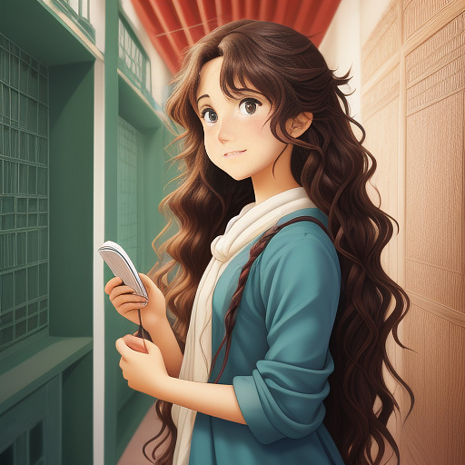 Some afghan girl with wavy hair have passport in his hand and is happy. background just be color green. in anime style