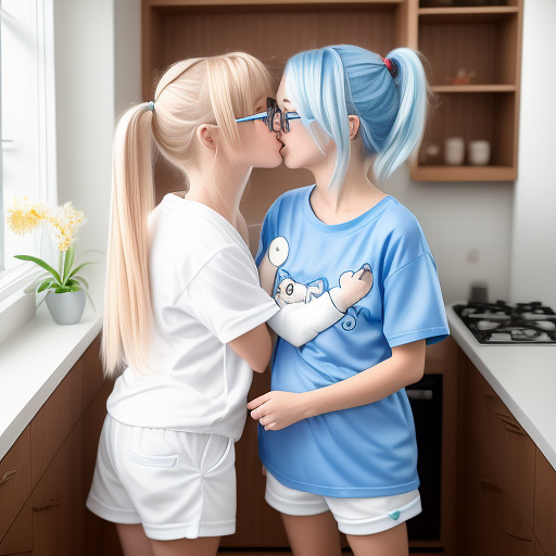There are two boys kissing in a kitchen. one of them has blue hair the same color as a blueberry. he has a small ponytail. he wears pikachu pajamas consisting of a t-shirt and shorts. he is white in color and has a pale complexion. he has demon crones and a demon tail. he also wears glasses. the other boy holds him by the waist. he has blond hair and is also white. he wears white glasses and wears eevee pajamas consisting of a t-shirt and shorts. he has demon skulls and a tail. they are alone in the kitchen one evening. the blond haired boy holds the other boy by the waist. they are kissing; the boy with blue hair has both hands on the neck of the boy with blond hair  in anime style