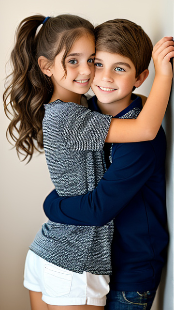 A romantic moment between a childhood couple. the grade-5 sexy hot american girl, wearing her super sexy casual clothes hugging the grade-5 american boy. in custom style
