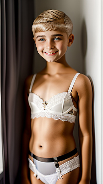  white, light blonde, very cute, girl 12 years old, buzz hair cut, lace bra, smiling, garter belt, blonde eye brows,  in custom style