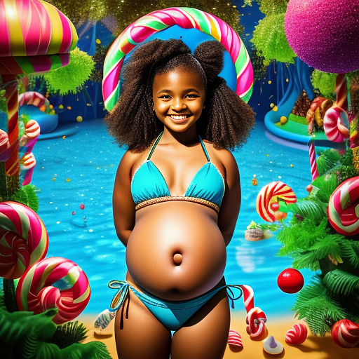 Pregnant 13-year-old girl wearing a bikini while showing her belly to the camera  in kids painted style