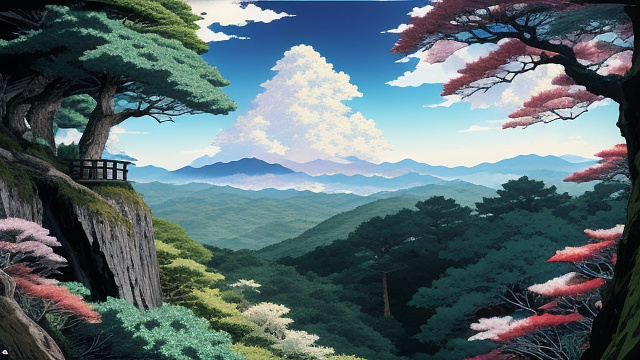 Forest on top of a cliff at a dark sky night and a moon in the front. point of view at the edge of the cliff in anime style