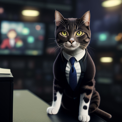 A realistic cat wearing a suit, sitting behind a news desk, seriously reporting breaking news about humans acting strange, cinematic lighting, humorous tone in anime style