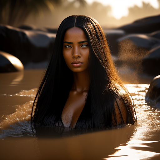 A beautiful woman with light tan skin and long straight black hair  submerged head deep in mud. she is disgusted and crying. in egypt style