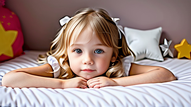 White, blonde, very cute, flat chest, girl 6 years old, laying face down on bed in custom style