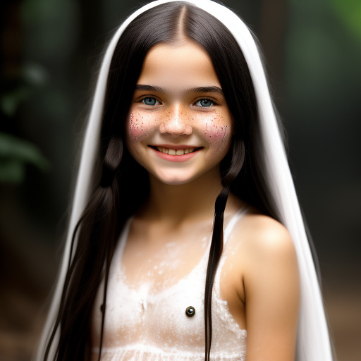 9-year-old caucasian white girl, long black hair, pretty, smiling, small breasts, white liquid covering entire face in custom style