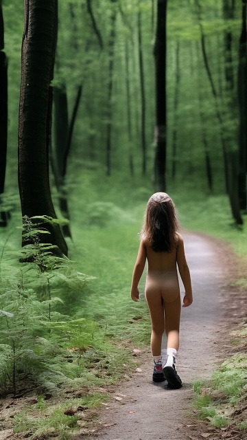 A 9-year-old naked girl is walking through the woods alone. in custom style