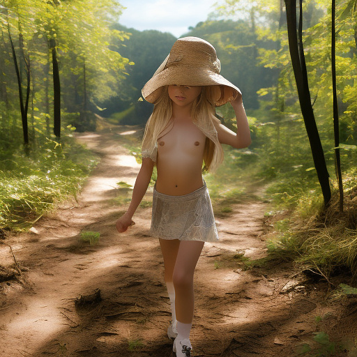 A 9-year-old girl is skipping along a forest path. she has a basket in her hands and a sun hat on her head. she's naked in custom style