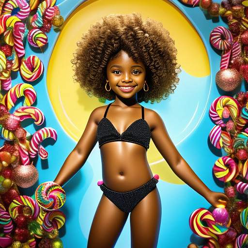 12 year old black girl wearing a gold bikini, curly hair, full body in kids painted style