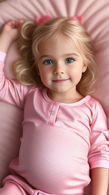 Realistic, detailed, 5-year-old blonde girl, in pink pajamas, pregnant, laying in bed, top down view. blushing in custom style