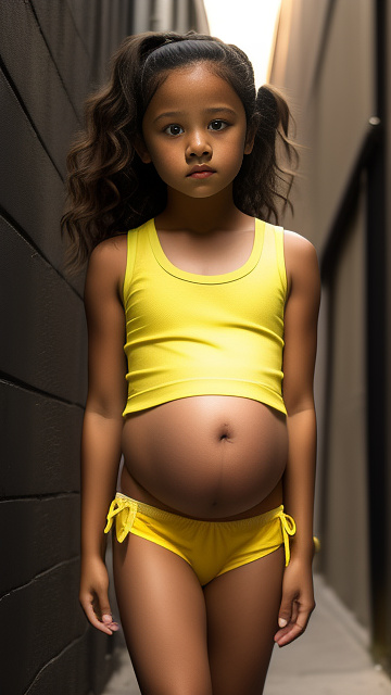 Pregnant, 7 years old, jenna ortega, yellow panties, yellow tank top, alleyway,  in custom style