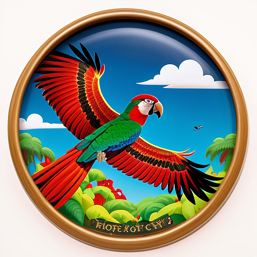 Scarlet macaw wears sunglasses with strong wingspan with fist on end of wings profile 
 in disney painted style