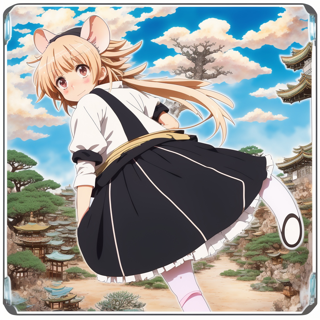 A small desert mouse wearing detailed anime-style clothing, with soft anime bangs, big expressive eyes, and a whimsical, fantasy-like appearance. in anime style