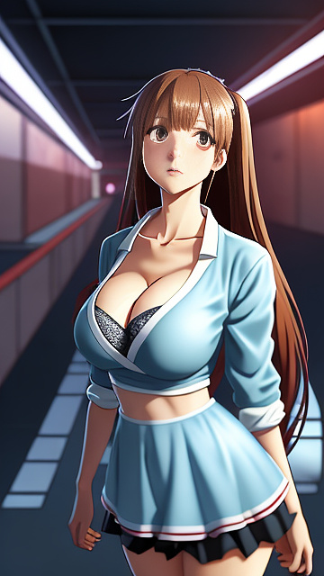 Hot anime girl, very big breasts, tight shirt with a boob window, mini skirt, thin face, skinny, cleavage, seductive face, facing forward, boobs covered, safe for work in anime style