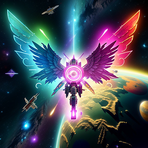 A cheerful transformer flies through space against the backdrop of planets. in angelcore style